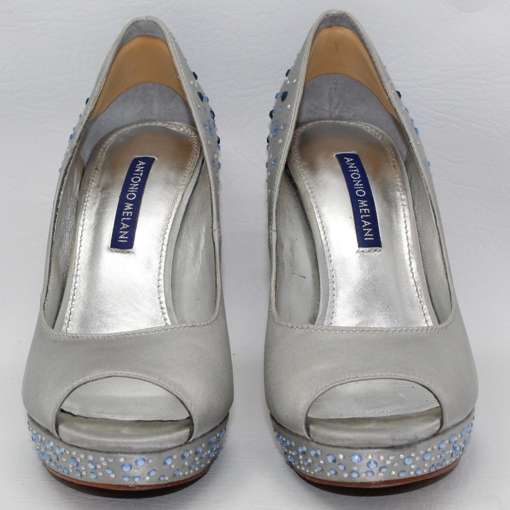 Antonio Melani‎ Silver Satin Rhinestone Peep Toe Platform Pumps Heels Womens 7M
